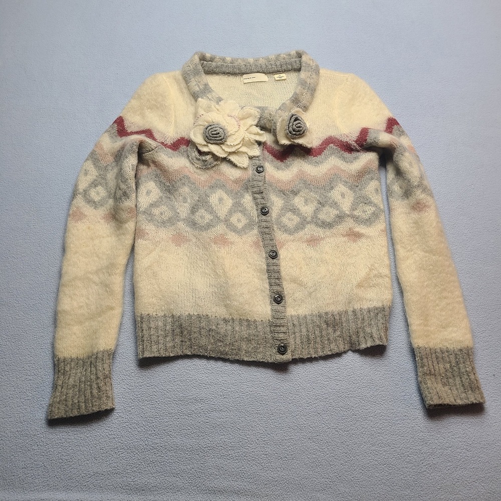 Sleeping on Snow Cardigan Women Medium Cream Excellent Mohair Wool Fair Isle